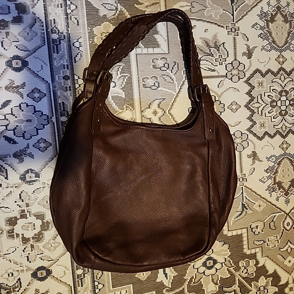 Luxe Rachel Zoe Brown Pebbled Leather Shoulder buckle bucket braided bag - Picture 14 of 16